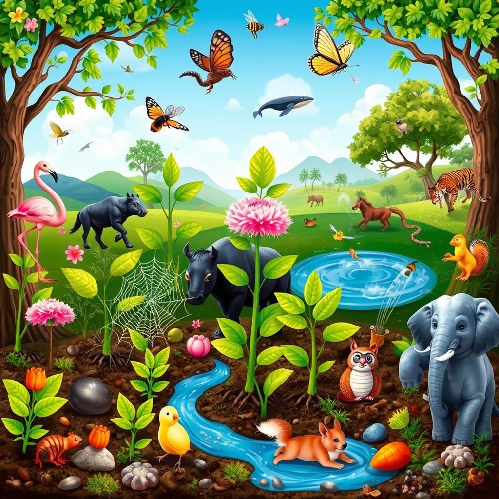 An enchanting ecosystem scene depicting 8 germinating plants in a vibrant natural environment
