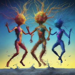 This is a detailed, surreal digital art piece, depicting neuron-headed magnet dancers