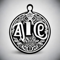 A high contrast, black and white vector-style illustration of the name 'Alice' formed into a pendant shape on a white background. Maintain a simple, flat design and line art style without use of any colors.