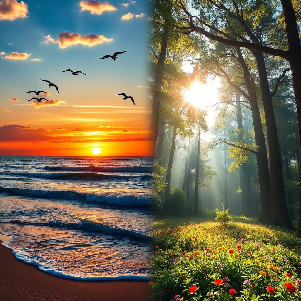 A realistic fusion of two landscapes: on the left, a vibrant sunset over a tranquil beach with gentle waves, golden light reflecting on the water, and seagulls flying in the sky; on the right, a lush forest scene with towering trees, dappled sunlight filtering through the leaves, and a carpet of colorful flowers in the foreground