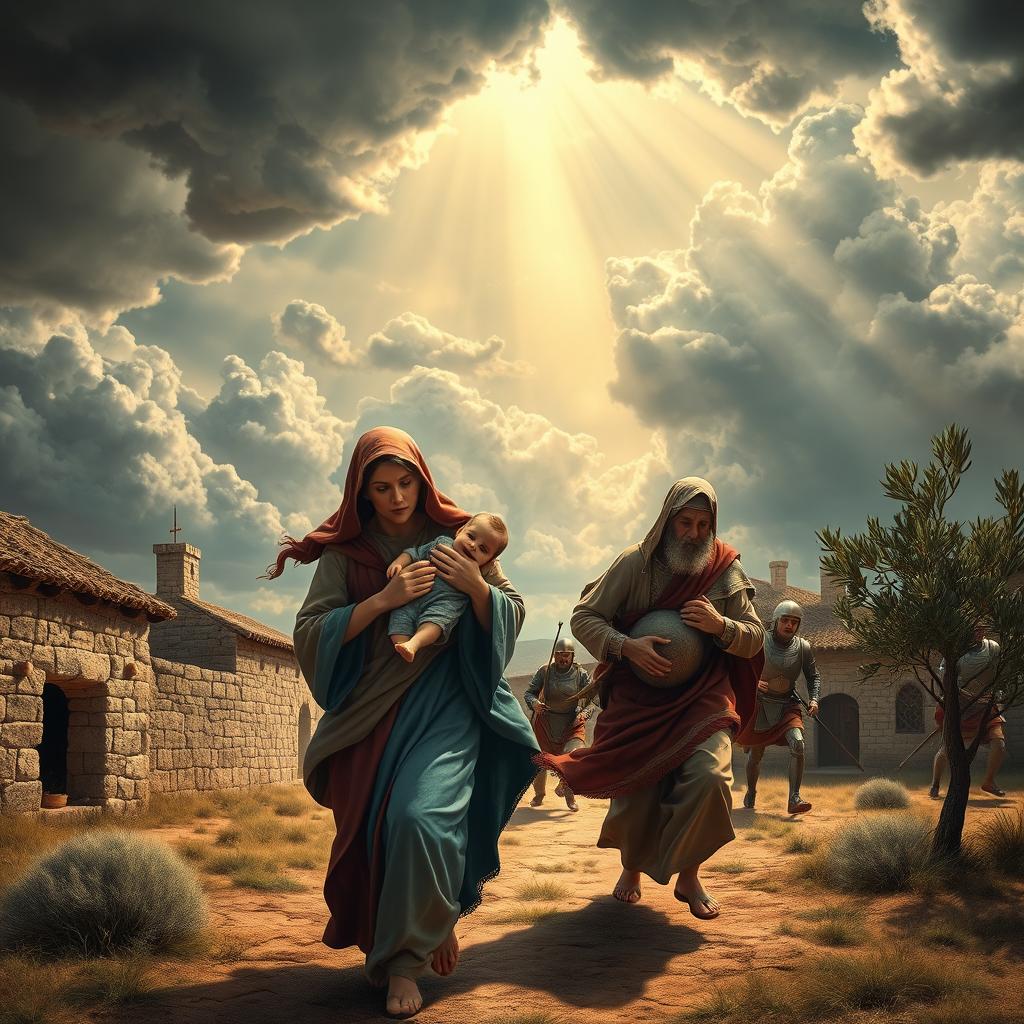 An exquisite and detailed depiction of the biblical scene of Jesus and the persecution by King Herod