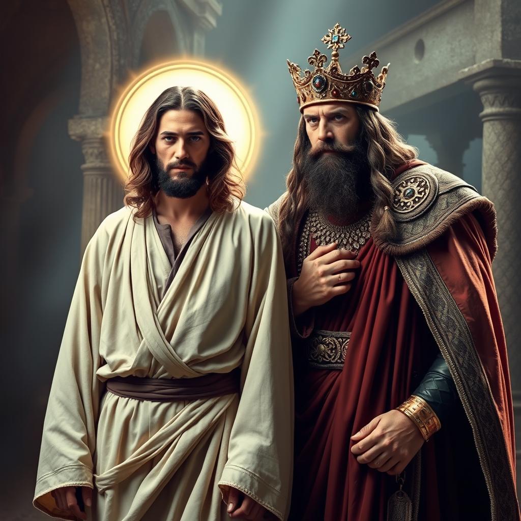 A dramatic and intense scene depicting the historical figures Jesus and King Herod