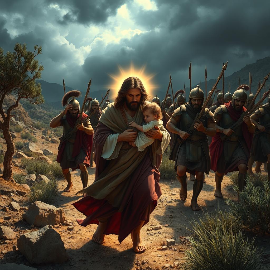 A dramatic depiction of Jesus fleeing from King Herod's soldiers during the Great Persecution