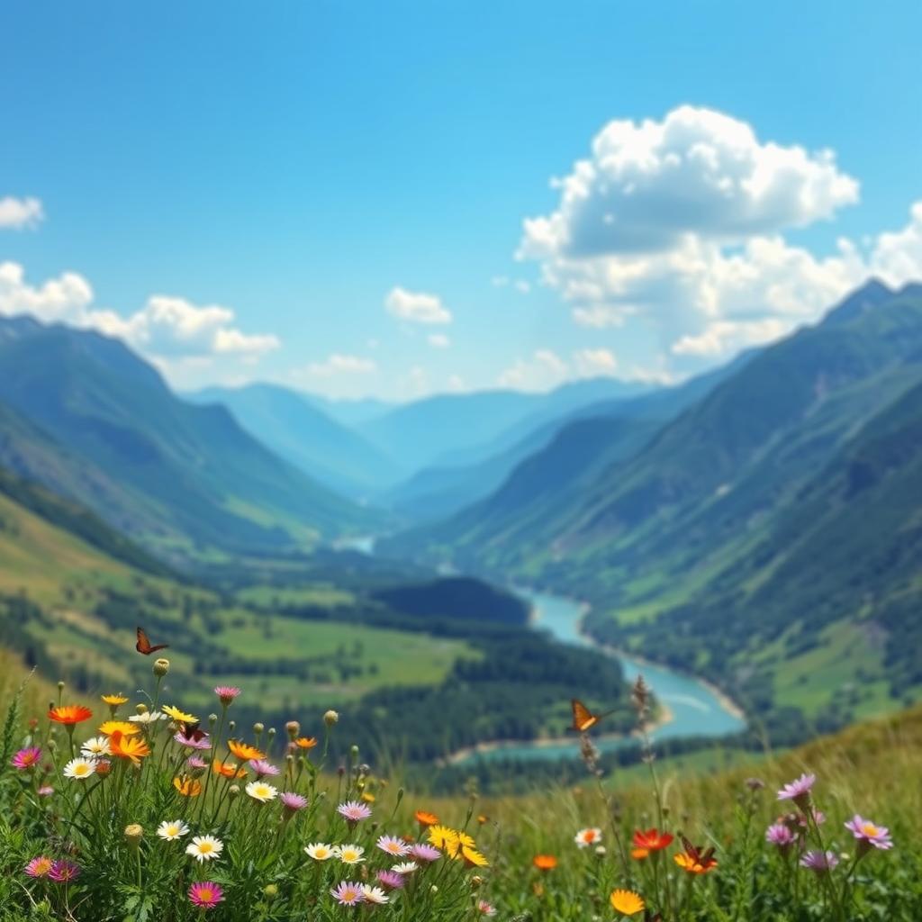A serene landscape showcasing a lush green valley surrounded by majestic mountains under a bright blue sky