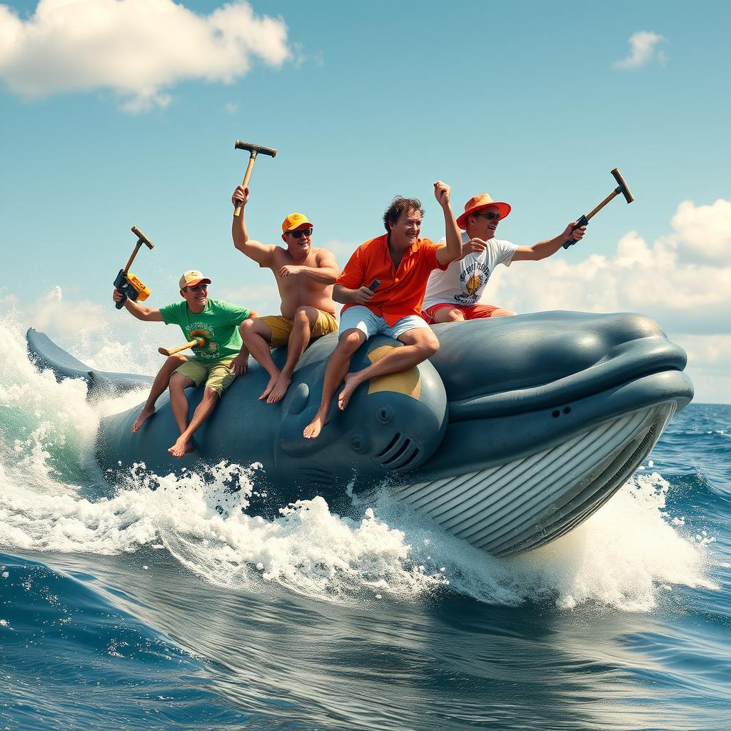A dynamic scene showing a group of men riding on a massive whale, each holding a crowbar in one hand and a leaf blower in the other