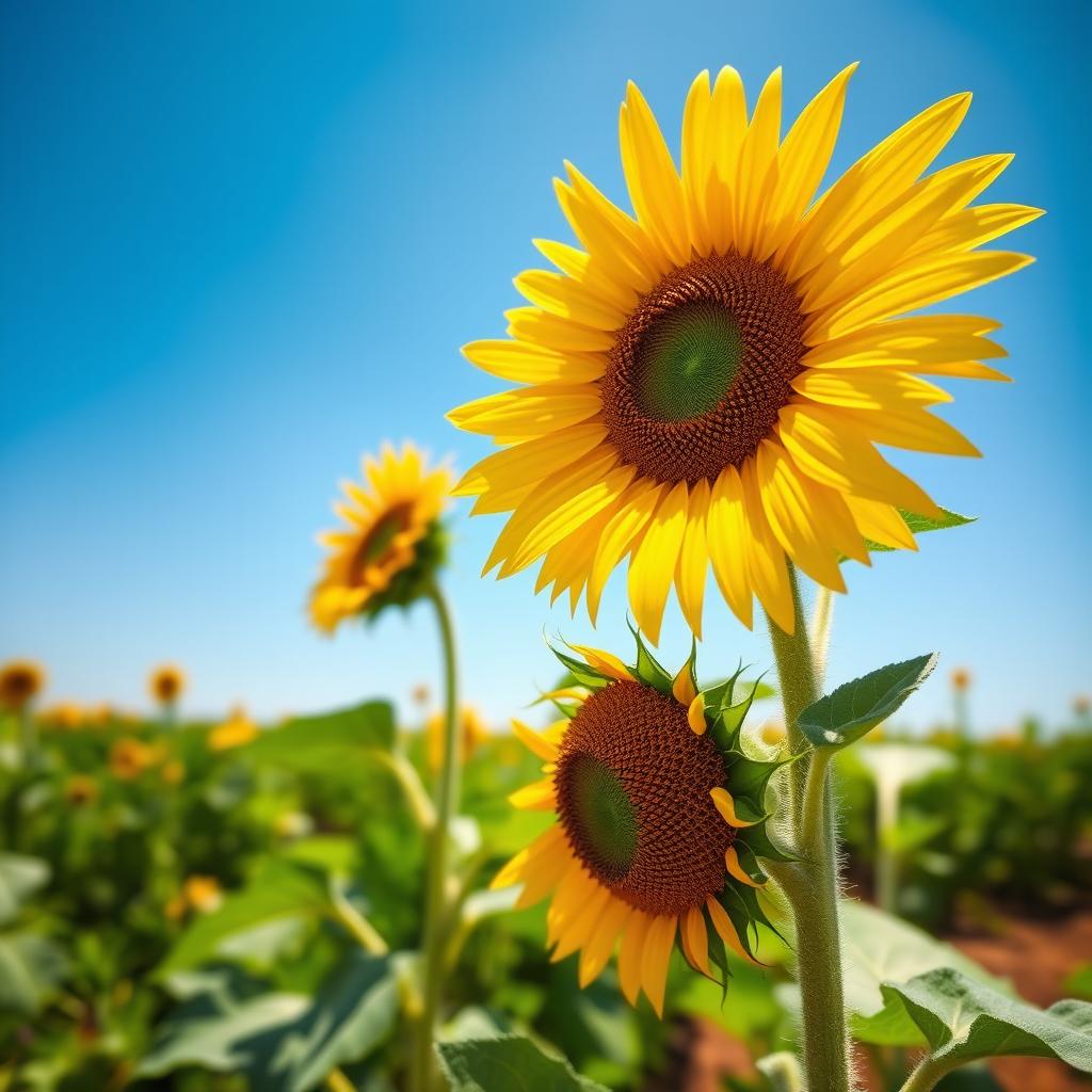 A vibrant, beautifully detailed sunflower in full bloom, showcasing its bright yellow petals radiating towards a clear blue sky