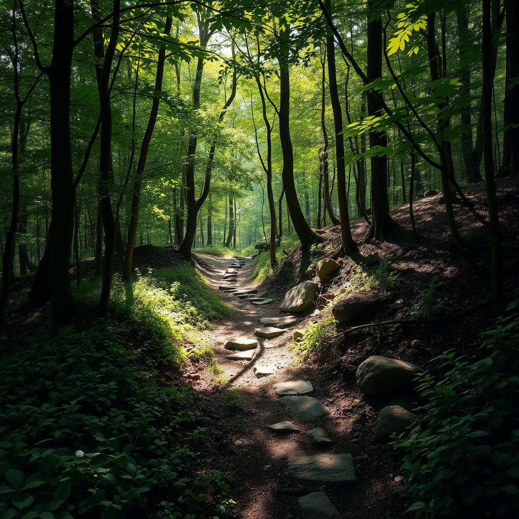 A serene yet intricate forest path winding through a dense wood, surrounded by thorns and rocks that create an atmosphere of struggle