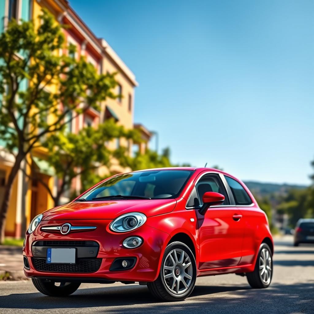 A bright red Fiat Siena parked on a scenic street, showcasing its sleek design and shiny exterior