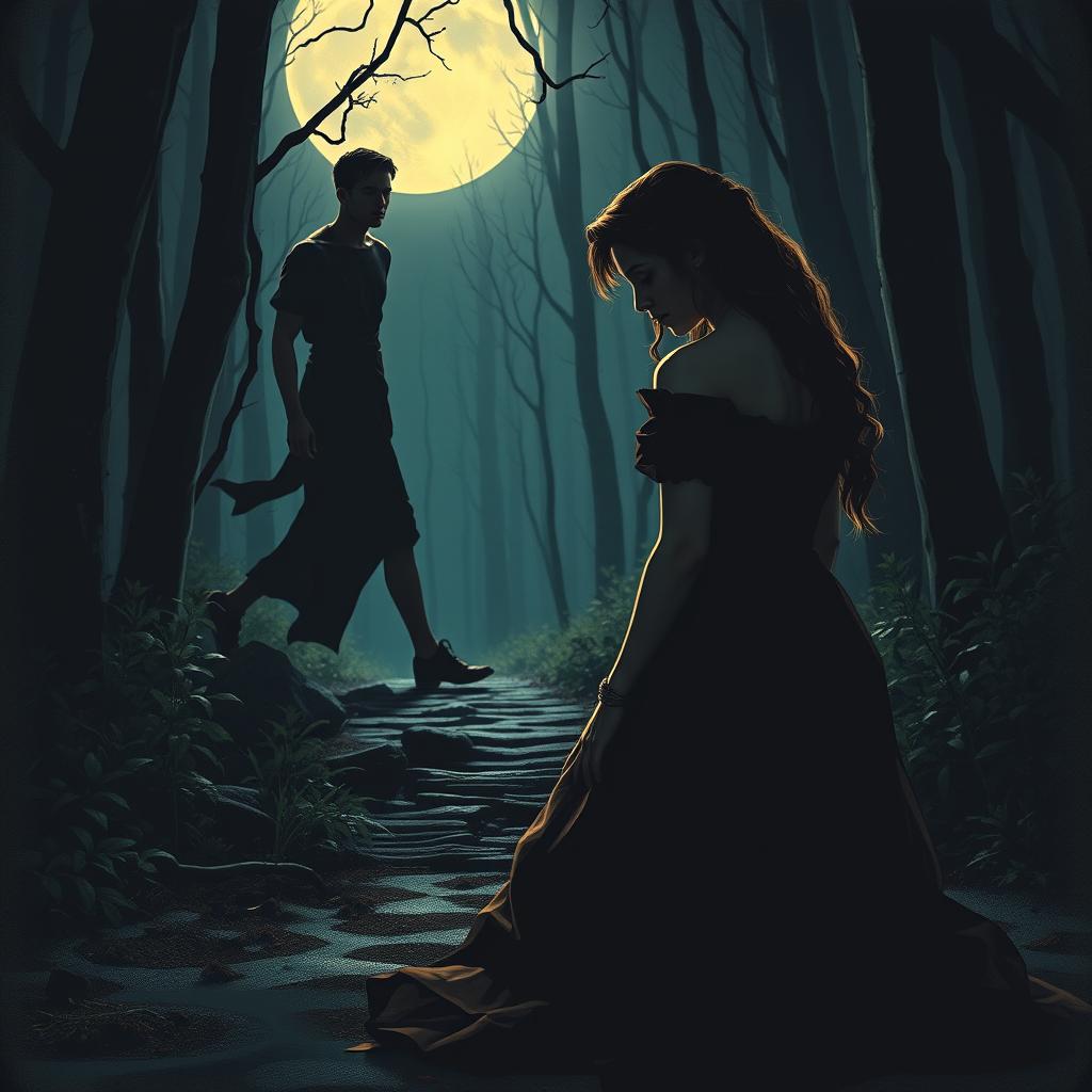 A dramatic scene inspired by 'A Midsummer Night's Dream' featuring Helena depicted as a deeply emotional character, kneeling in shadow with her head bowed, embodying loyalty and heartache
