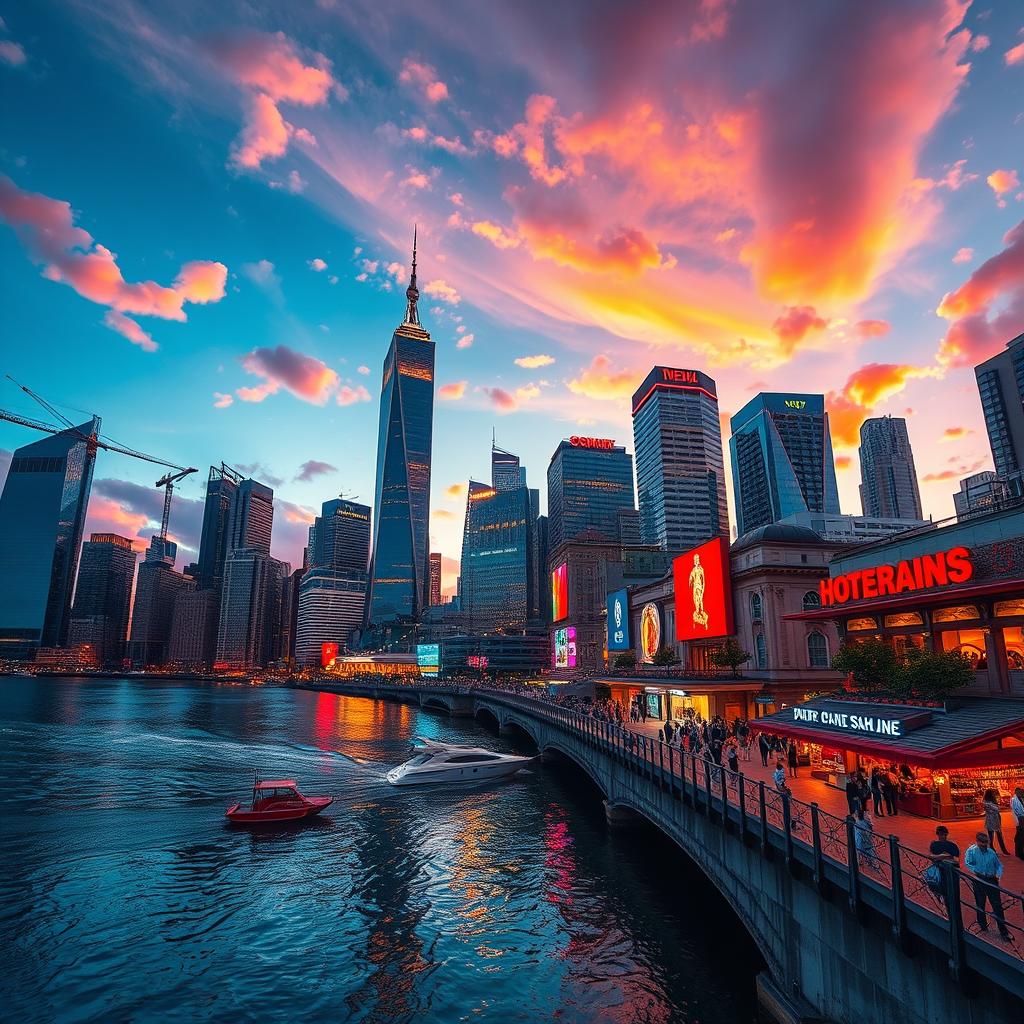 Transform the uploaded image into a vibrant, colorful cityscape at sunset with reflections on water, showcasing tall skyscrapers, a beautifully lit skyline, and clouds illuminated in shades of orange, pink, and purple