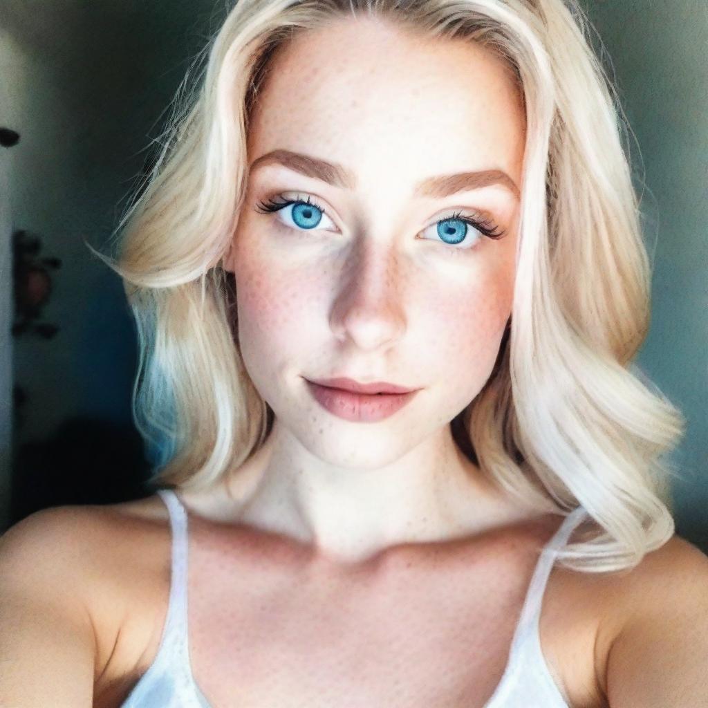 An upper body view of a captivating young woman in a high-resolution selfie