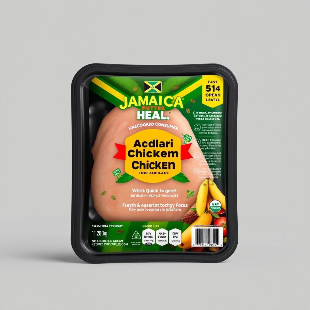 A modern and innovative packaging design for uncooked chicken tailored for Jamaican consumers, featuring a vibrant and colorful label that reflects Jamaican culture