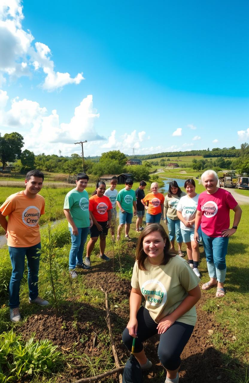 A serene and picturesque landscape of a rural area, showcasing a diverse group of volunteers (young adults to seniors) actively engaged in a community improvement project