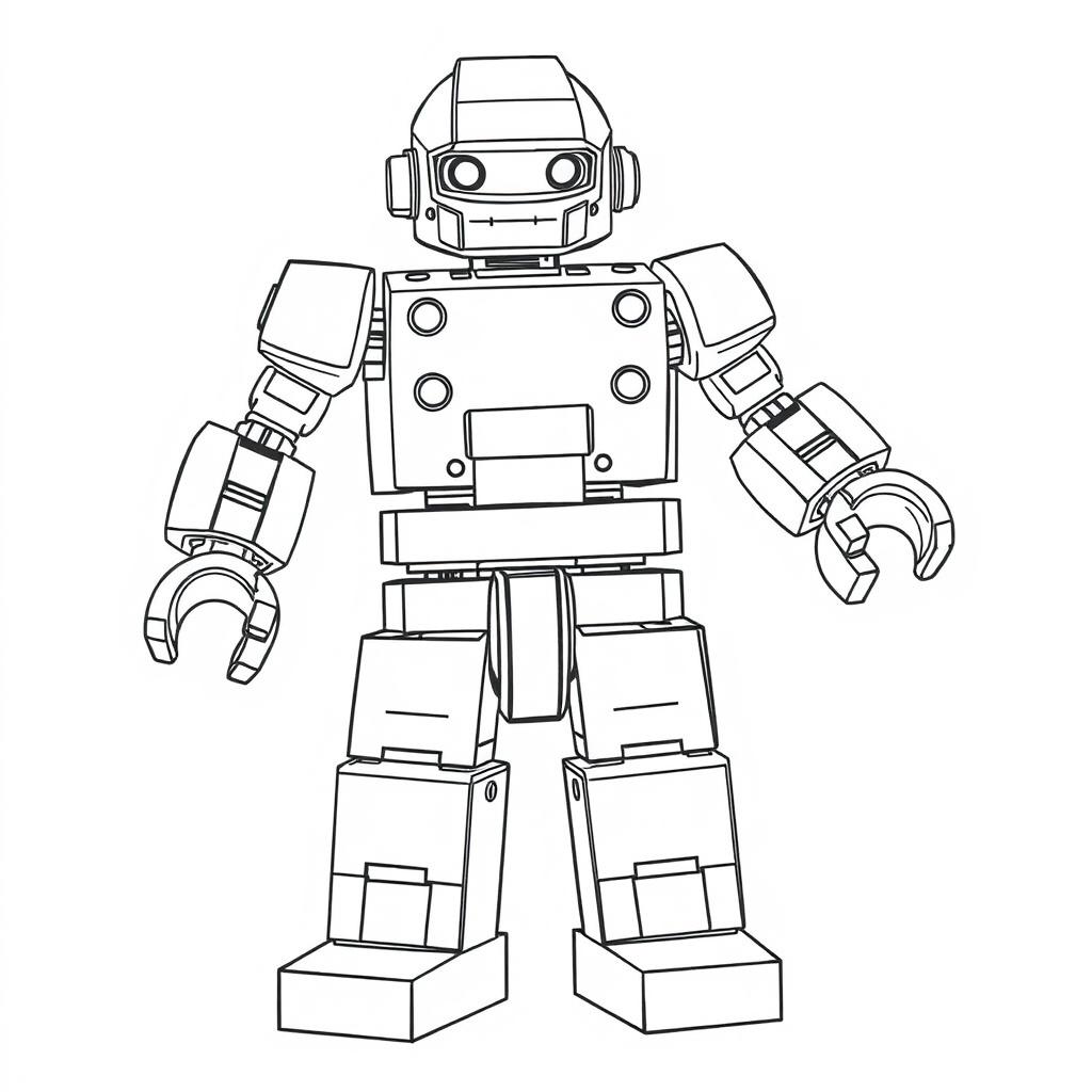 A highly detailed black and white line drawing of a colorful LEGO robot similar to the provided example