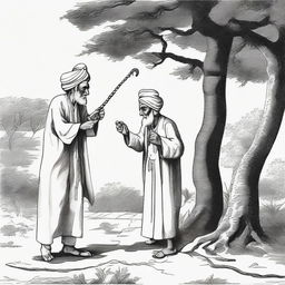 An old man wearing a turban, leaning under a tree while holding a tasbih, is approached by a flustered, scared snake. A wicked-looking man, not wearing a turban, brandishing a stick is in pursuit of the snake.