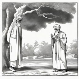 An old man wearing a turban, leaning under a tree while holding a tasbih, is approached by a flustered, scared snake. A wicked-looking man, not wearing a turban, brandishing a stick is in pursuit of the snake.