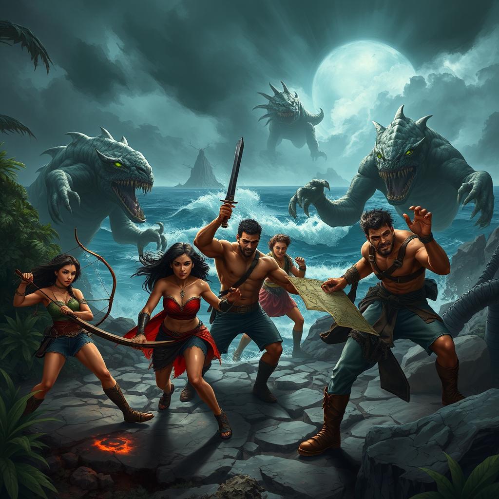 A dramatic scene on a mysterious island where a group of diverse individuals, including a determined woman with a bow and arrow, a muscular man wielding a sword, and a clever strategist holding a map, are fighting against large, terrifying monsters with claws and glowing eyes