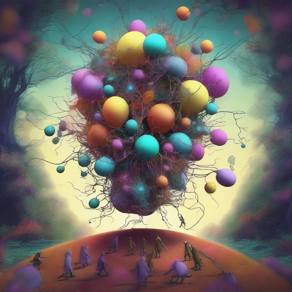 This is a vibrant, surreal digital art piece, showcasing neuron-headed magnet singers in the act of escaping