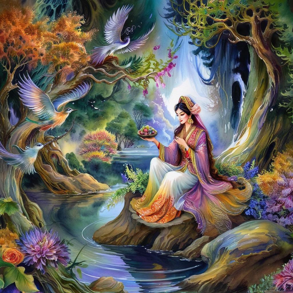 Mystical and spiritual watercolor painting of a beautiful Iranian woman sitting on a rock on a beautiful and peaceful pond in a dense forest with cypress trees, plane trees, grapevines, winding bonsai trees, and a whirlwind of colorful flowers and beautiful.