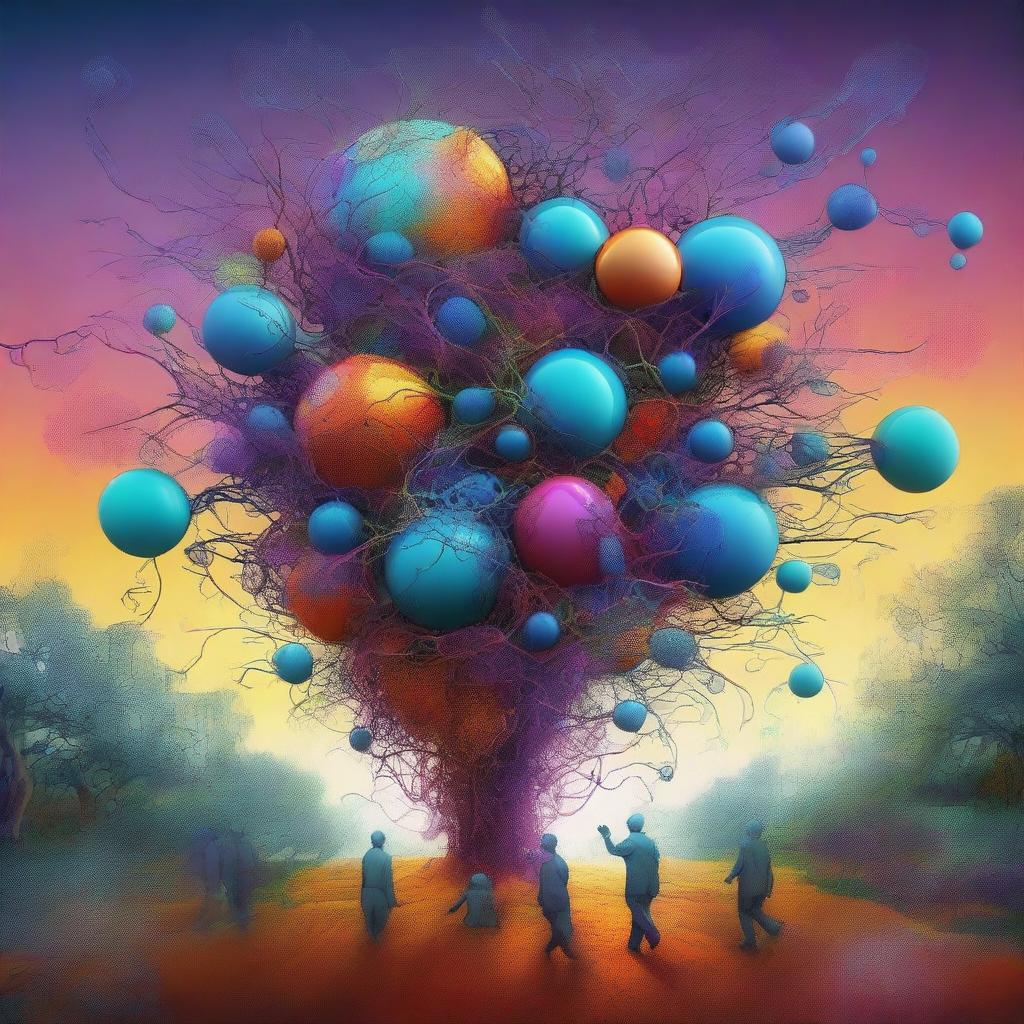 This is a vibrant, surreal digital art piece, showcasing neuron-headed magnet singers in the act of escaping