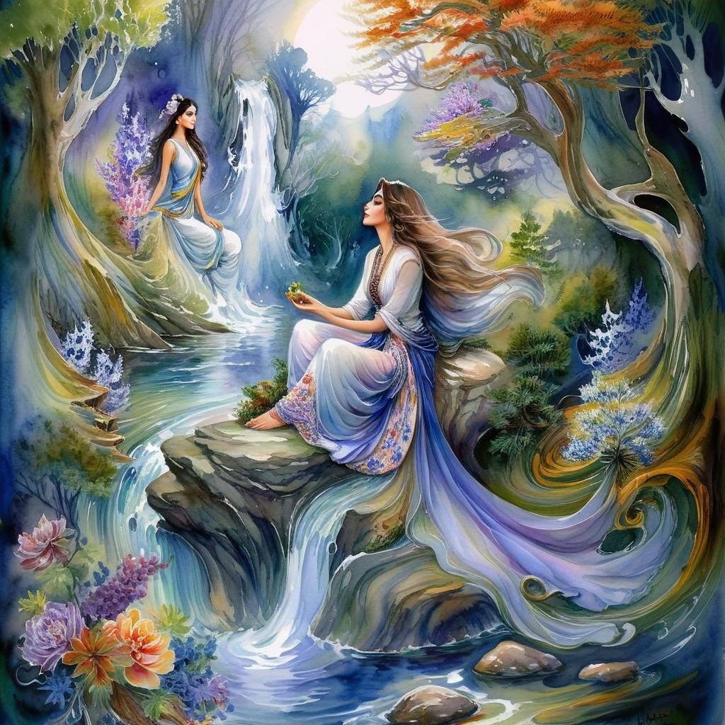 Mystical and spiritual watercolor painting of a beautiful Iranian woman sitting on a rock on a beautiful and peaceful pond in a dense forest with cypress trees, plane trees, grapevines, winding bonsai trees, and a whirlwind of colorful flowers and beautiful.