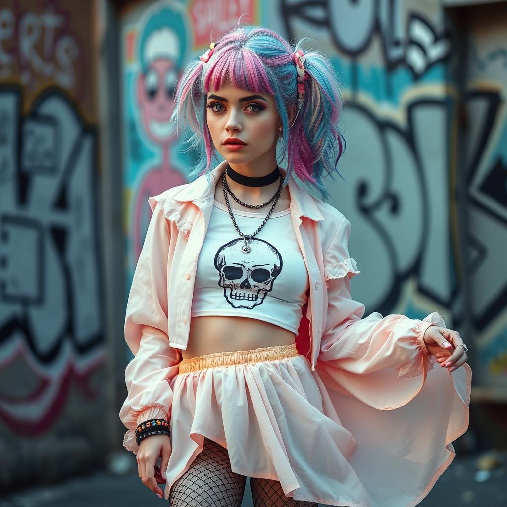 A pastel goth girl with vibrant colored hair styled in eccentric ways, wearing an outfit that features layered pastel clothing, a skull-patterned crop top, and a light flowing skirt