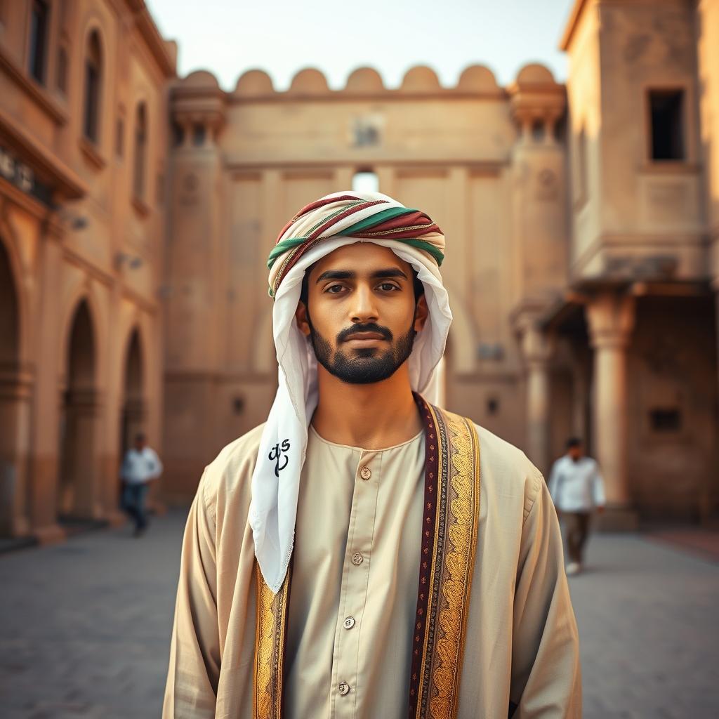 A handsome Yemeni man wearing traditional Yemeni attire, including a thobe and a jambiya, standing in the historic Old Sana'a with its ancient architecture as a backdrop