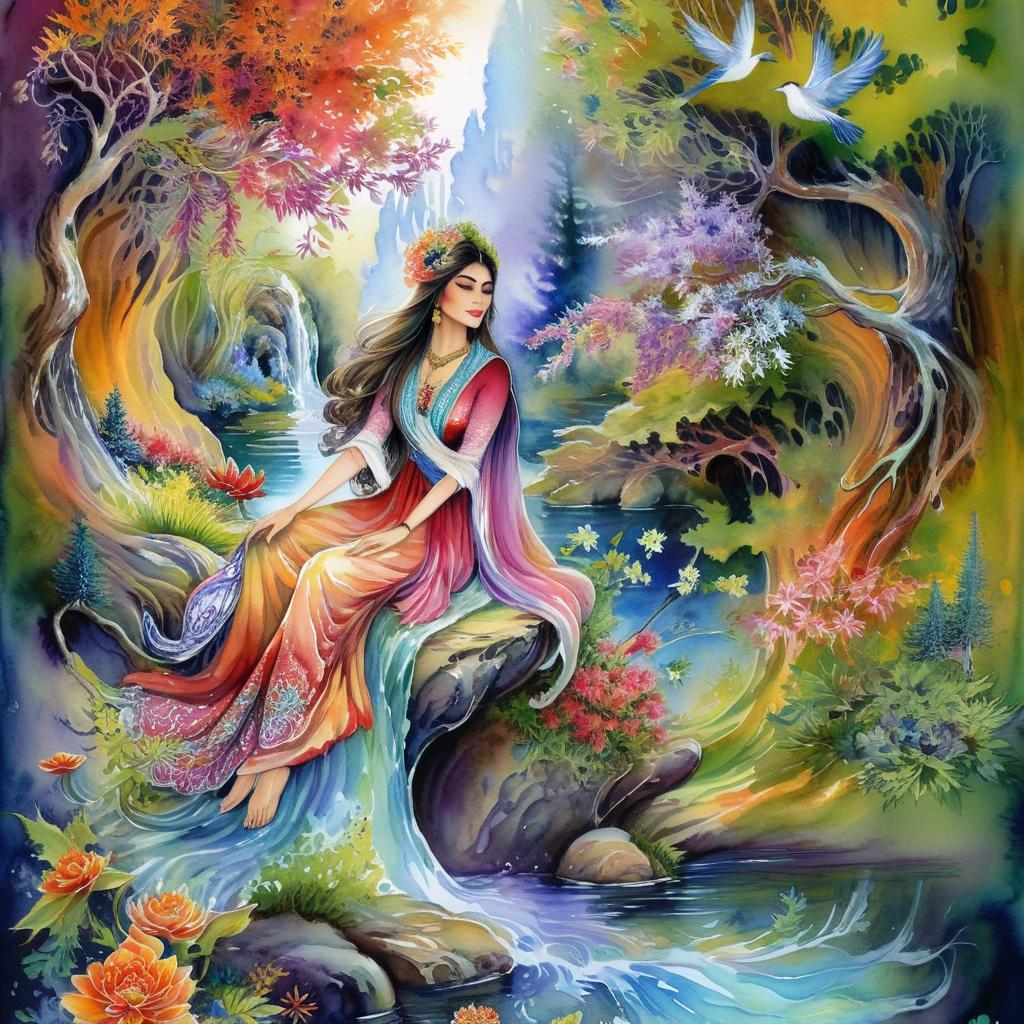 Mystical and spiritual watercolor painting of a beautiful Iranian woman sitting on a rock on a beautiful and peaceful pond in a dense forest with cypress trees, plane trees, grapevines, winding bonsai trees, and a whirlwind of colorful flowers and beautiful.