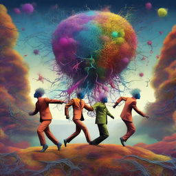 This is a vibrant, surreal digital art piece, showcasing neuron-headed magnet singers in the act of escaping