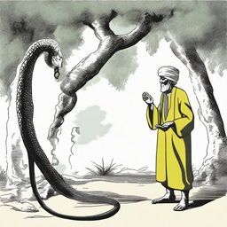 An old man wearing a turban, leaning under a tree while holding a tasbih, is approached by a flustered, scared snake. A wicked-looking man, not wearing a turban, brandishing a stick is in pursuit of the snake.