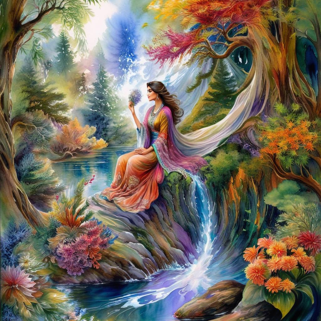 Mystical and spiritual watercolor painting of a beautiful Iranian woman sitting on a rock on a beautiful and peaceful pond in a dense forest with cypress trees, plane trees, grapevines, winding bonsai trees, and a whirlwind of colorful flowers and beautiful.