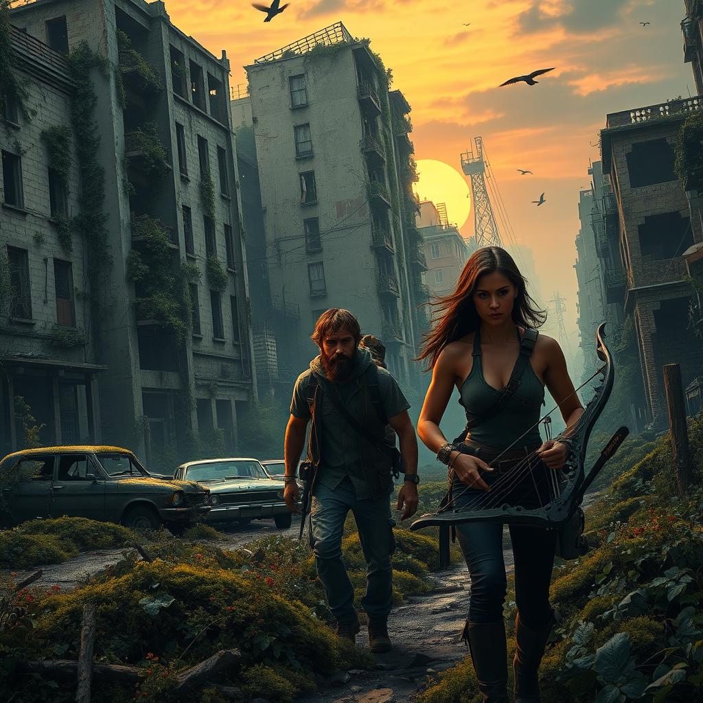 A post-apocalyptic scene depicting a desolate urban landscape overgrown with nature