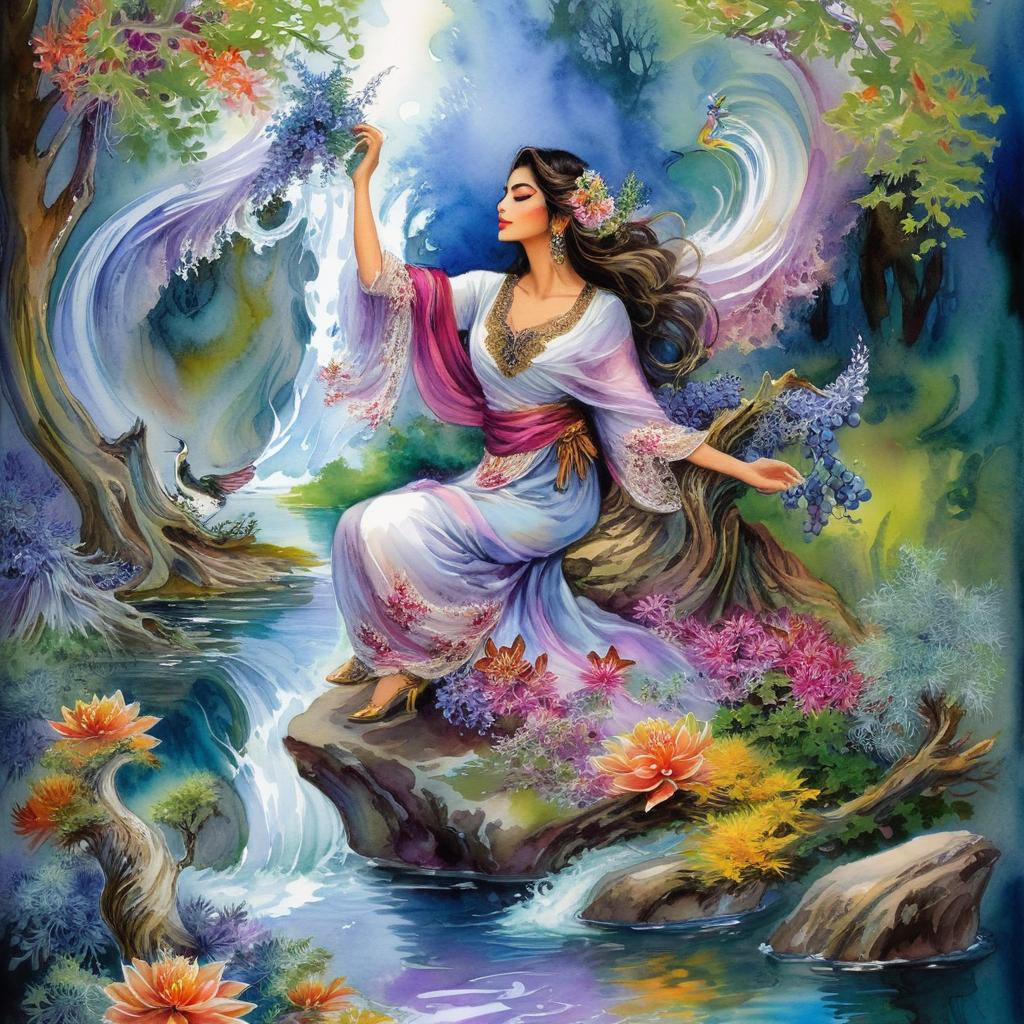 Mystical and spiritual watercolor painting of a beautiful Iranian woman sitting on a rock on a beautiful and peaceful pond in a dense forest with cypress trees, plane trees, grapevines, winding bonsai trees, and a whirlwind of colorful flowers and beautiful.