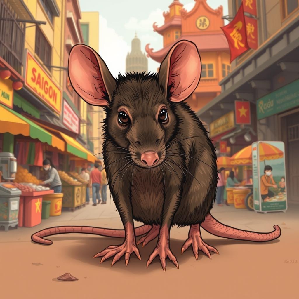 A detailed illustration of a Saigon rat, featuring its distinctive long, slender body, large ears, and long tail