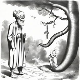 An old man wearing a turban, leaning under a tree while holding a tasbih, is approached by a flustered, scared snake. A wicked-looking man, not wearing a turban, brandishing a stick is in pursuit of the snake.