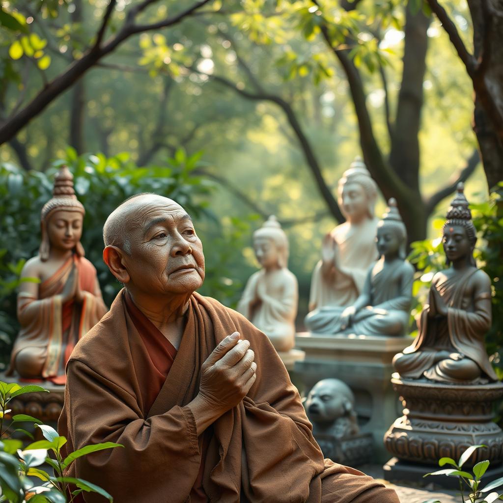 An elderly monk deeply concentrating in a serene environment, surrounded by a six-piece body of statues representing various aspects of enlightenment and meditation