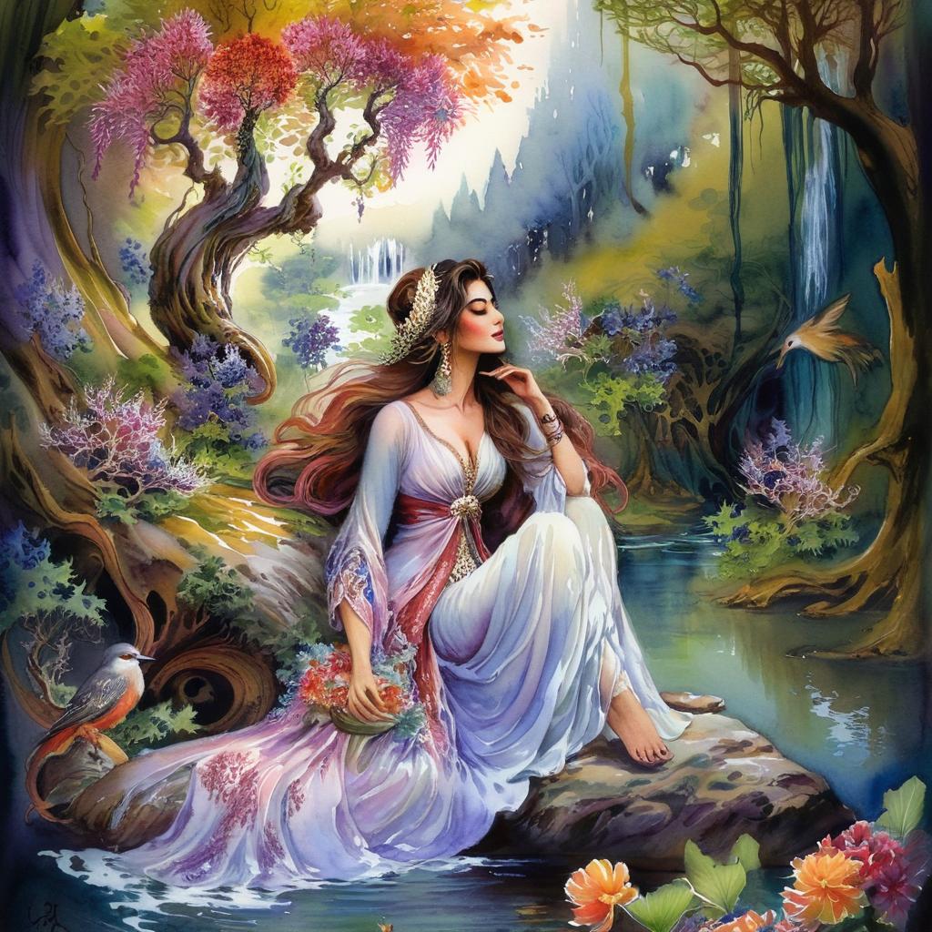 Mystical and spiritual watercolor painting of a beautiful Iranian woman sitting on a rock on a beautiful and peaceful pond in a dense forest with cypress trees, plane trees, grapevines, winding bonsai trees, and a whirlwind of colorful flowers and beautiful.