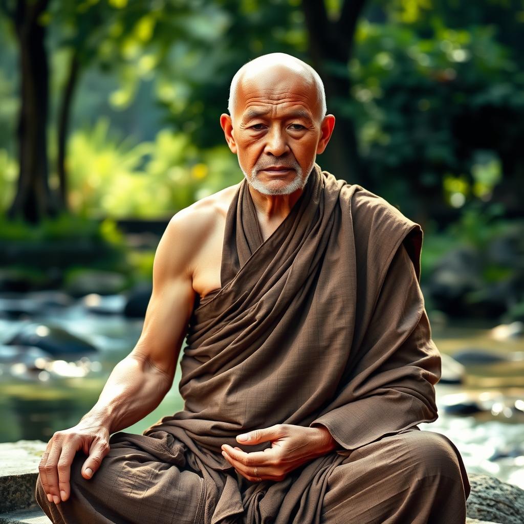 An elderly monk seated in deep concentration, showcasing a well-trained, muscular body that reflects years of disciplined practice and mindfulness