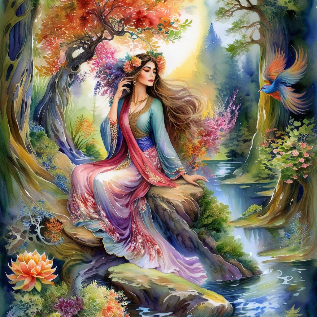 Mystical and spiritual watercolor painting of a beautiful Iranian woman sitting on a rock on a beautiful and peaceful pond in a dense forest with cypress trees, plane trees, grapevines, winding bonsai trees, and a whirlwind of colorful flowers and beautiful.