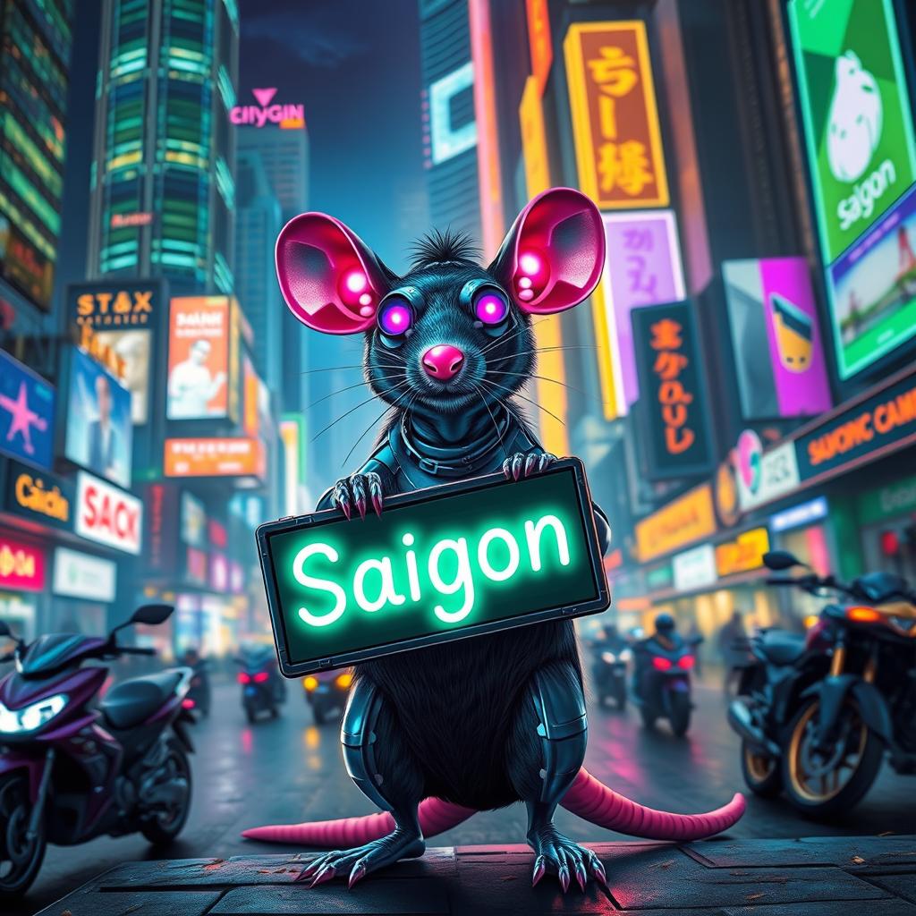 A Saigon rat in a vibrant cyberpunk style, holding a sign that says 'Saigon'