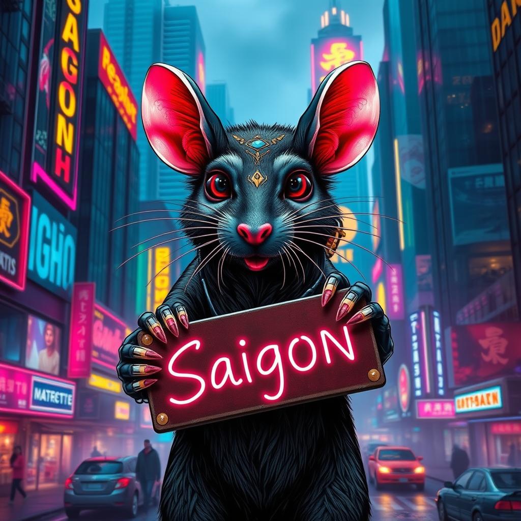 A Saigon rat in a striking cyberpunk style, proudly holding a sign that reads 'Saigon'
