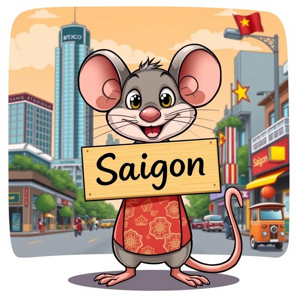 A cartoon-style illustration of a Vietnamese rat holding a sign that says 'Saigon'