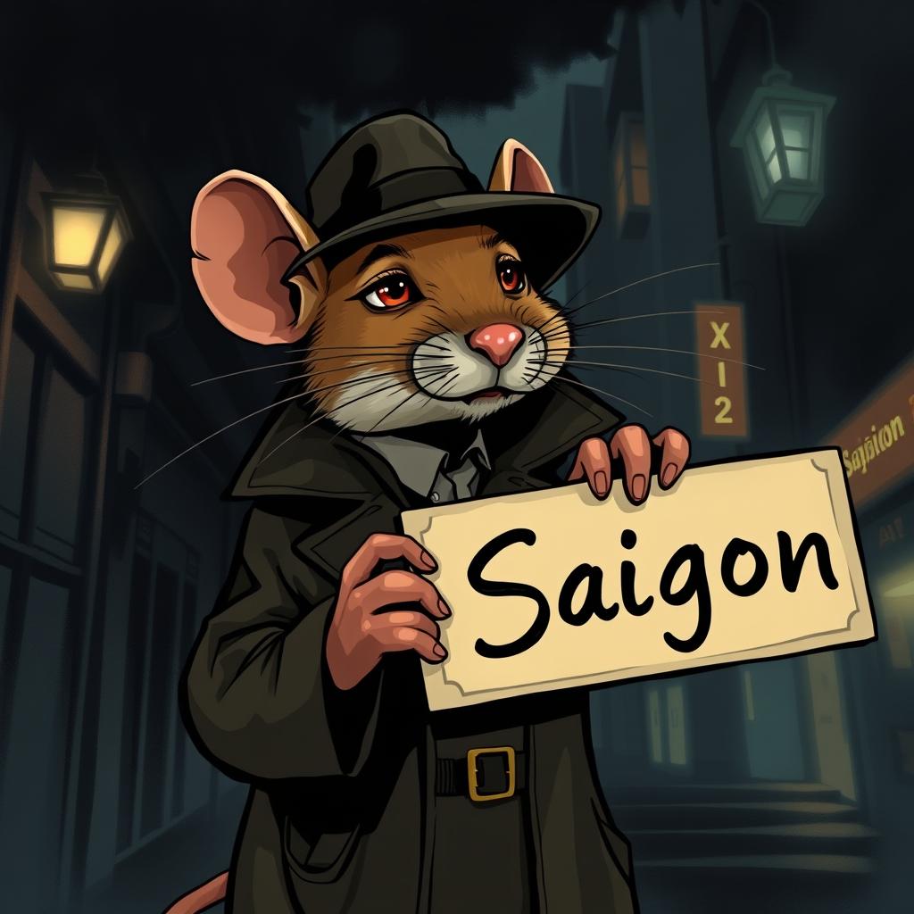 A noir-style illustration of a Vietnamese rat, styled in a classic detective theme, holding a sign that says 'Saigon'