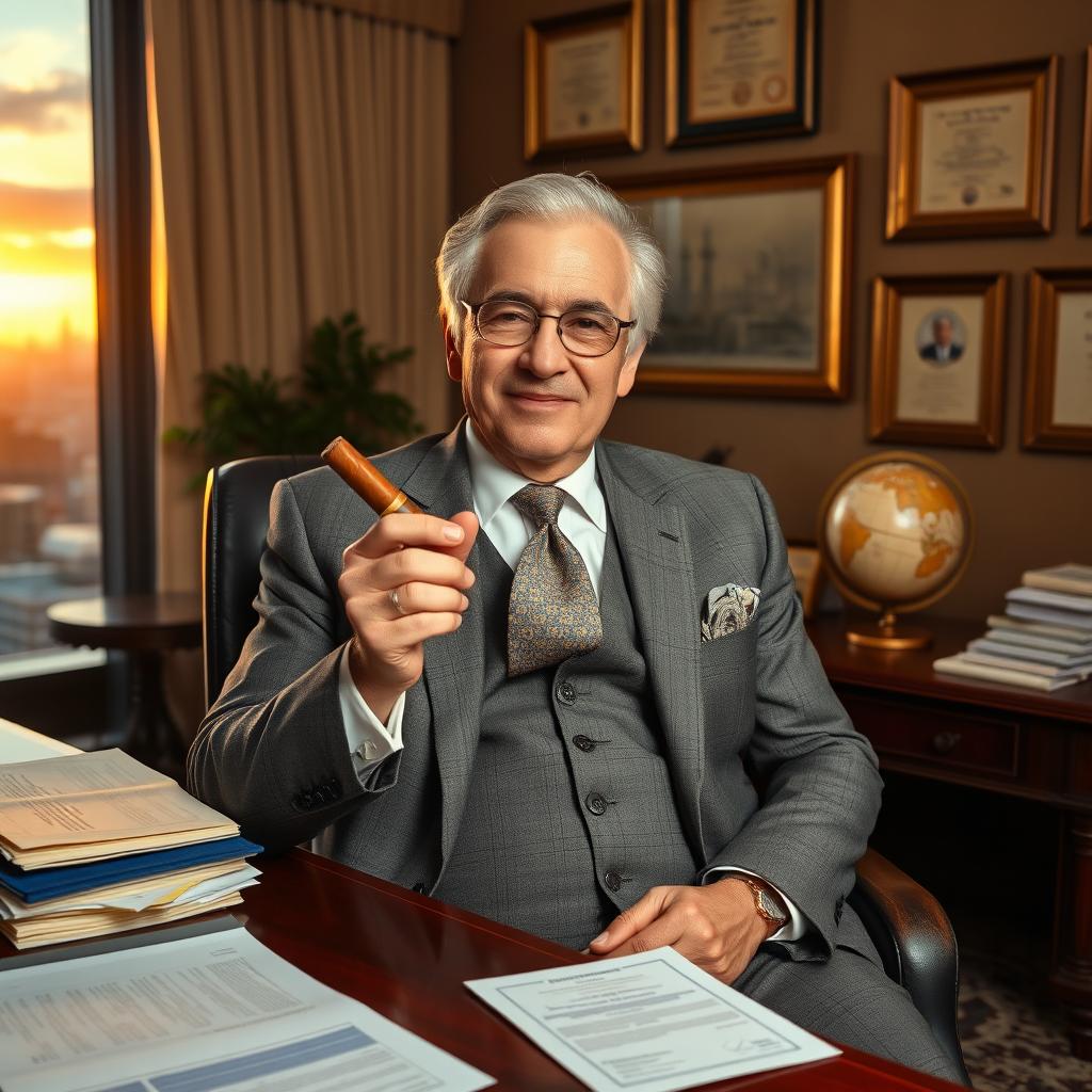 An elderly wealthy businessman sitting confidently in a luxurious office, surrounded by elegant decor