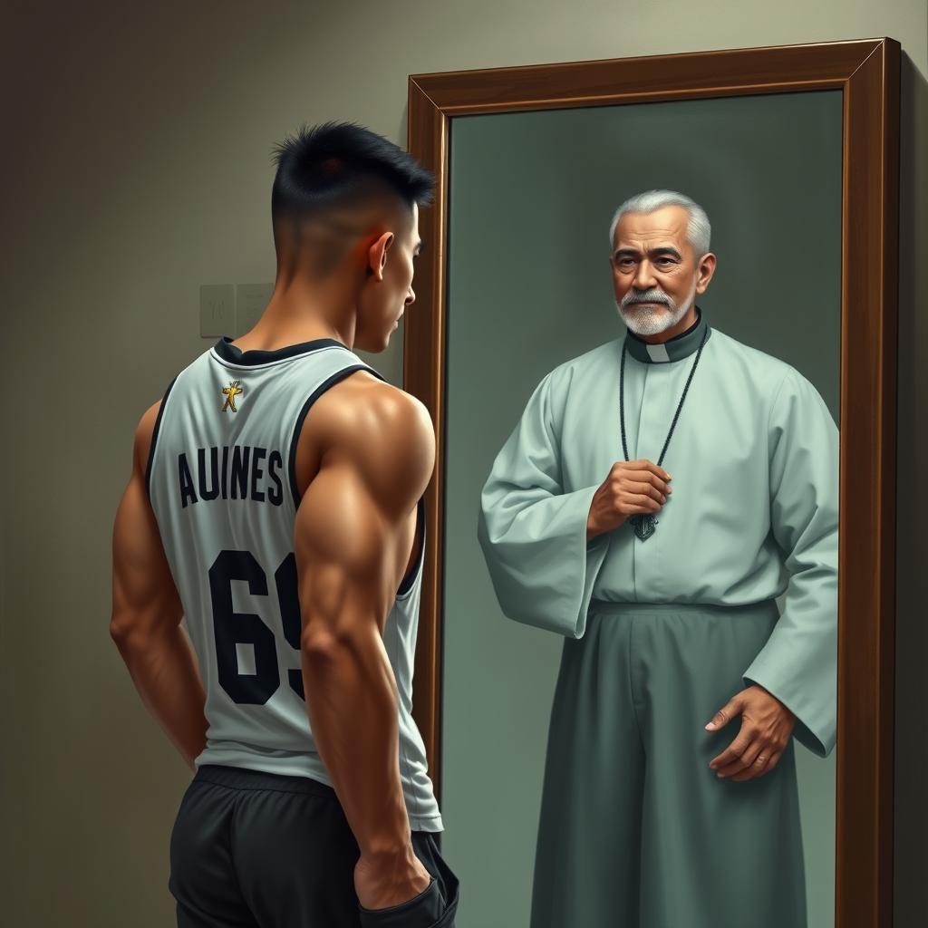 A realistic depiction of a lean, athletic built Filipino man with visible muscle cuts and a military haircut