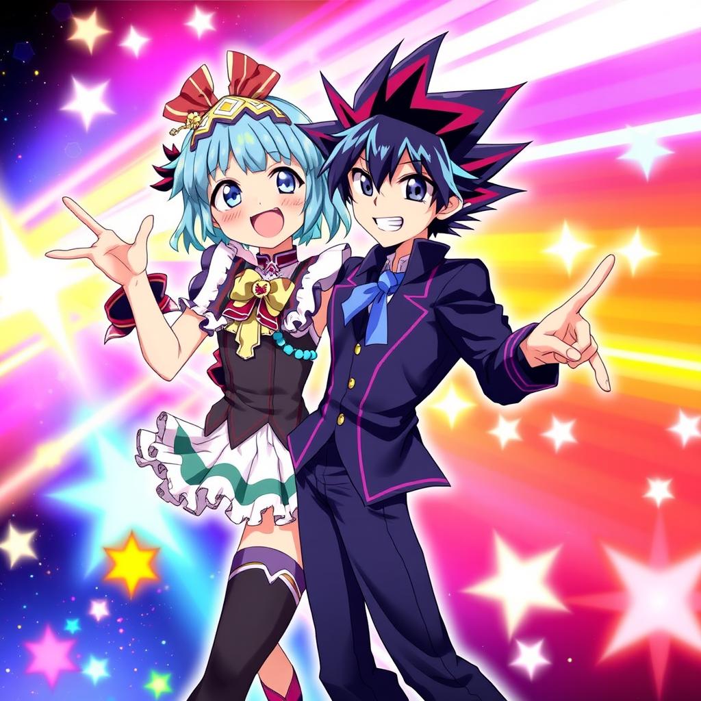 A vibrant crossover illustration featuring Yoshiko Tsushima, a character from Love Live! Sunshine!!, alongside Judai Yuki from Yu-Gi-Oh! GX