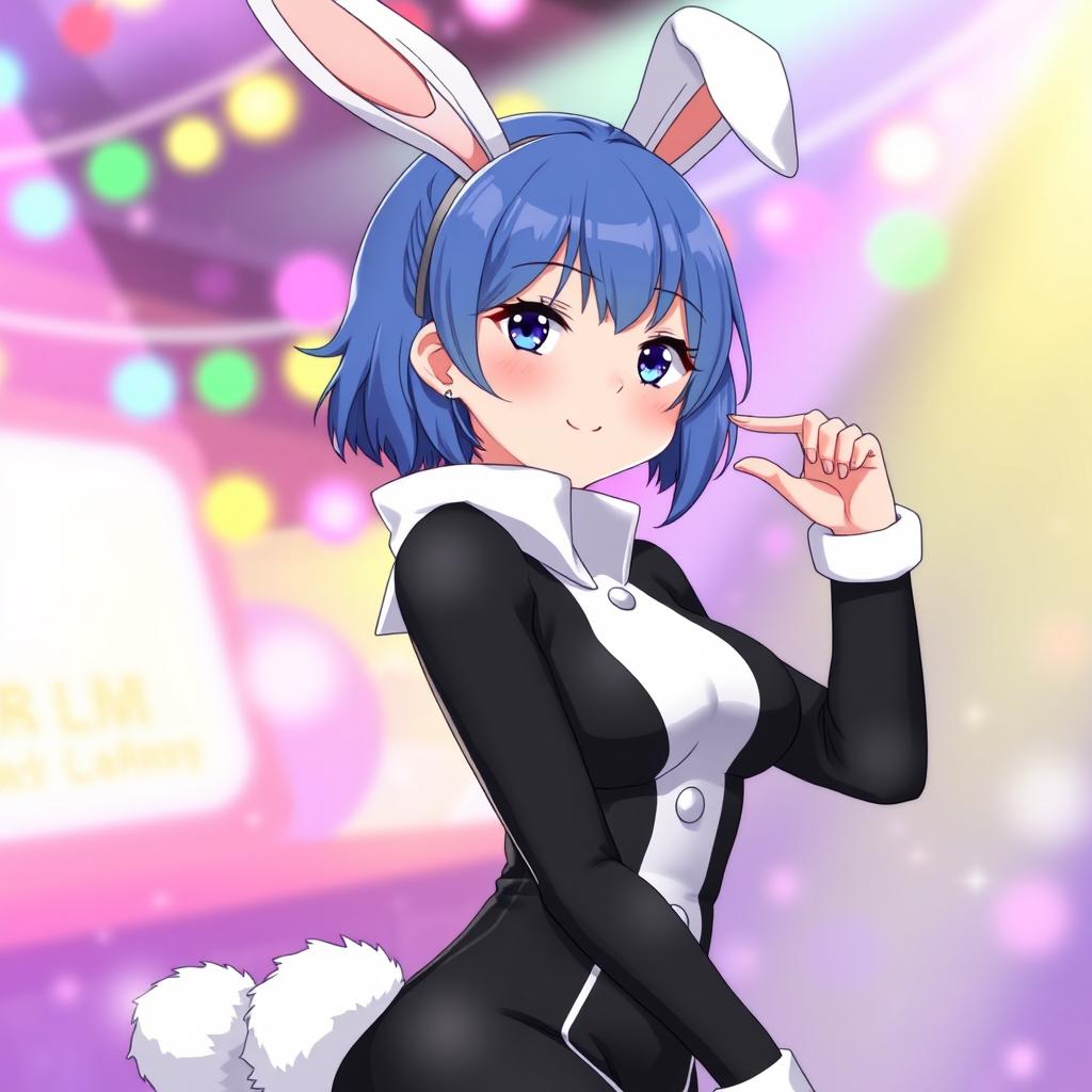 A stylish and playful illustration of Yoshiko Tsushima from Love Live! Sunshine!! dressed in a glamorous bunny suit