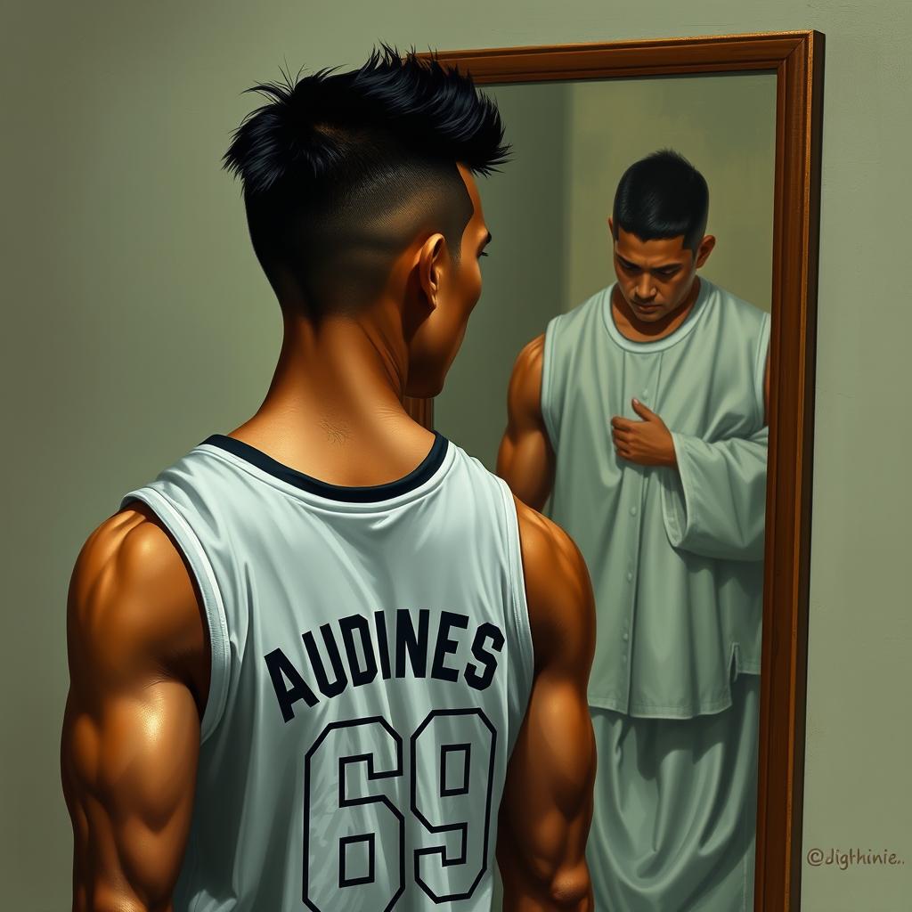 A realistic depiction of a lean, athletic built Filipino man with visible muscle cuts and a military haircut