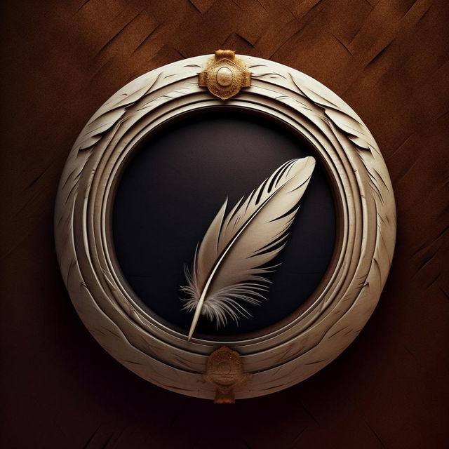 Design a high-definition circular logo for country music featuring a quill feather in the middle, enhanced with creative overlays and textures to depict the essence of country music.