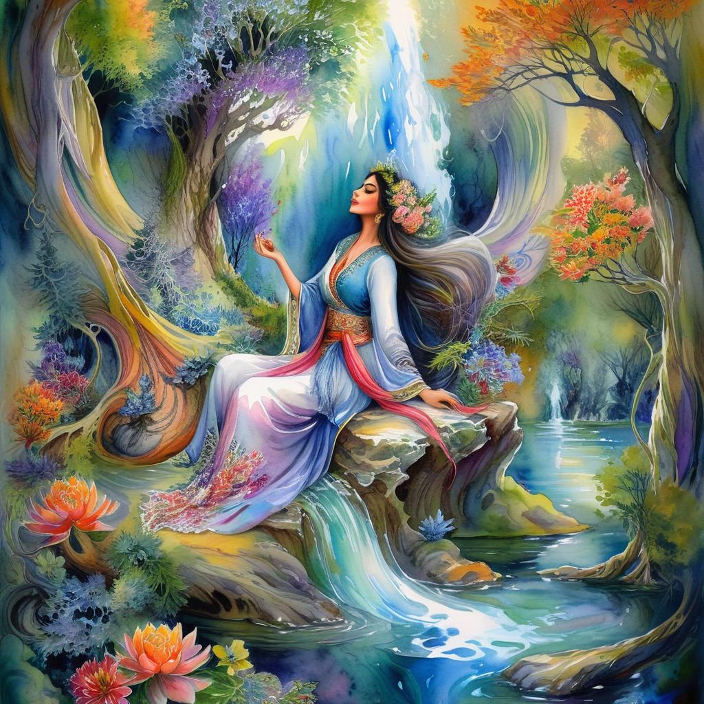 Mystical and spiritual watercolor painting of a beautiful Iranian woman sitting on a rock on a beautiful and peaceful pond in a dense forest with cypress trees, plane trees, grapevines, winding bonsai trees, and a whirlwind of colorful flowers and beautiful.